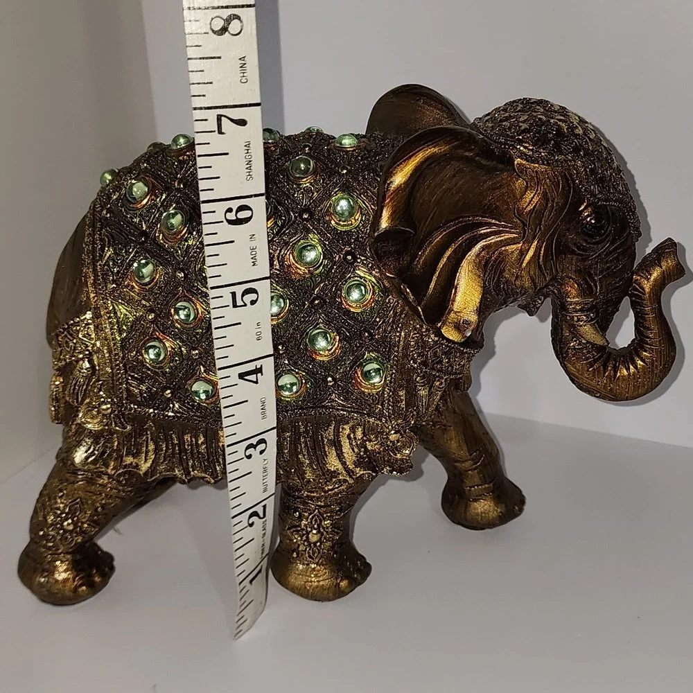 Trunk Up Gold Elephant Figurine with Green Accents